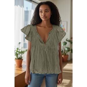 Free People FP One Padma Top Green Flutter Sleeve Blouse Endless Summer S